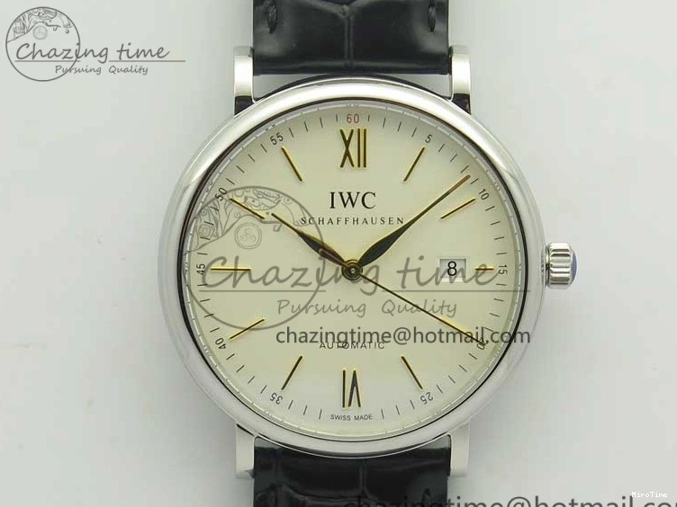 MIROTIME 0523 Affordable Portofino IW356501 SS V3 MK 1:1 Best Edition White Dial Gold Markers On Black Leather Strap MIYOTA 7196